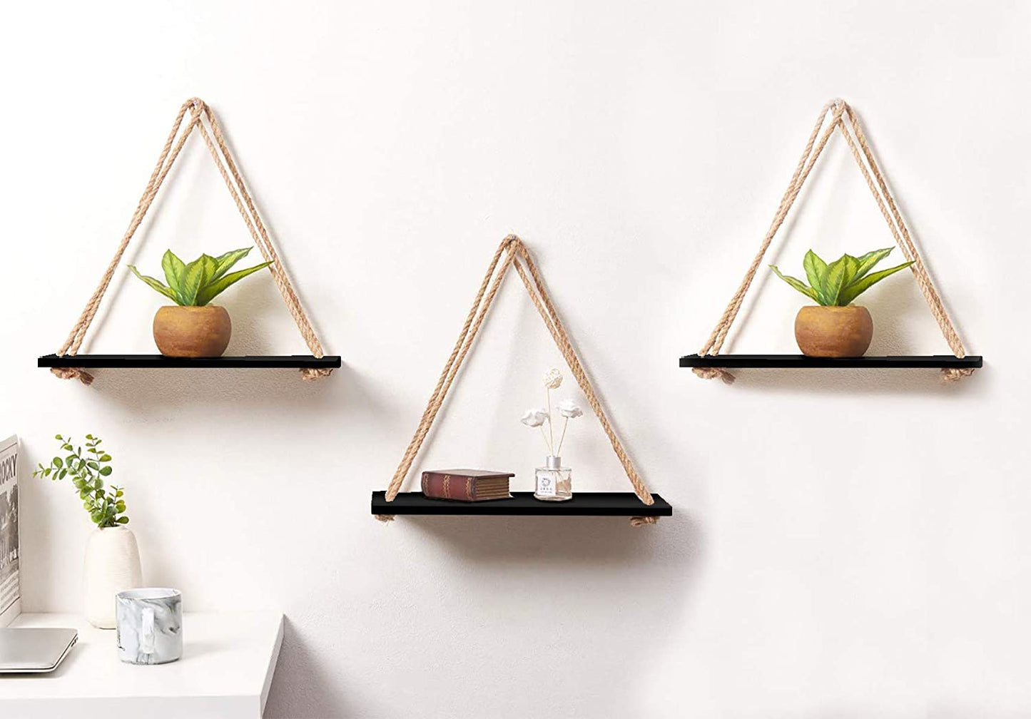 Tier-1 Wood Black Floating Shelves With Plain Rope, Set of 3