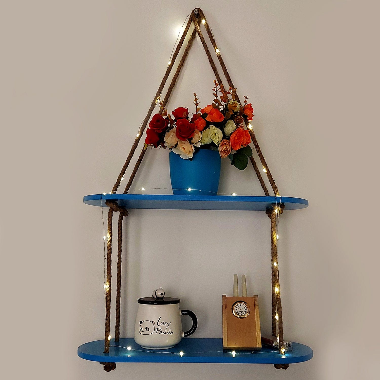 Wood Rectangle Oval Blue Wall Hanging Wall Shelf With LED Light