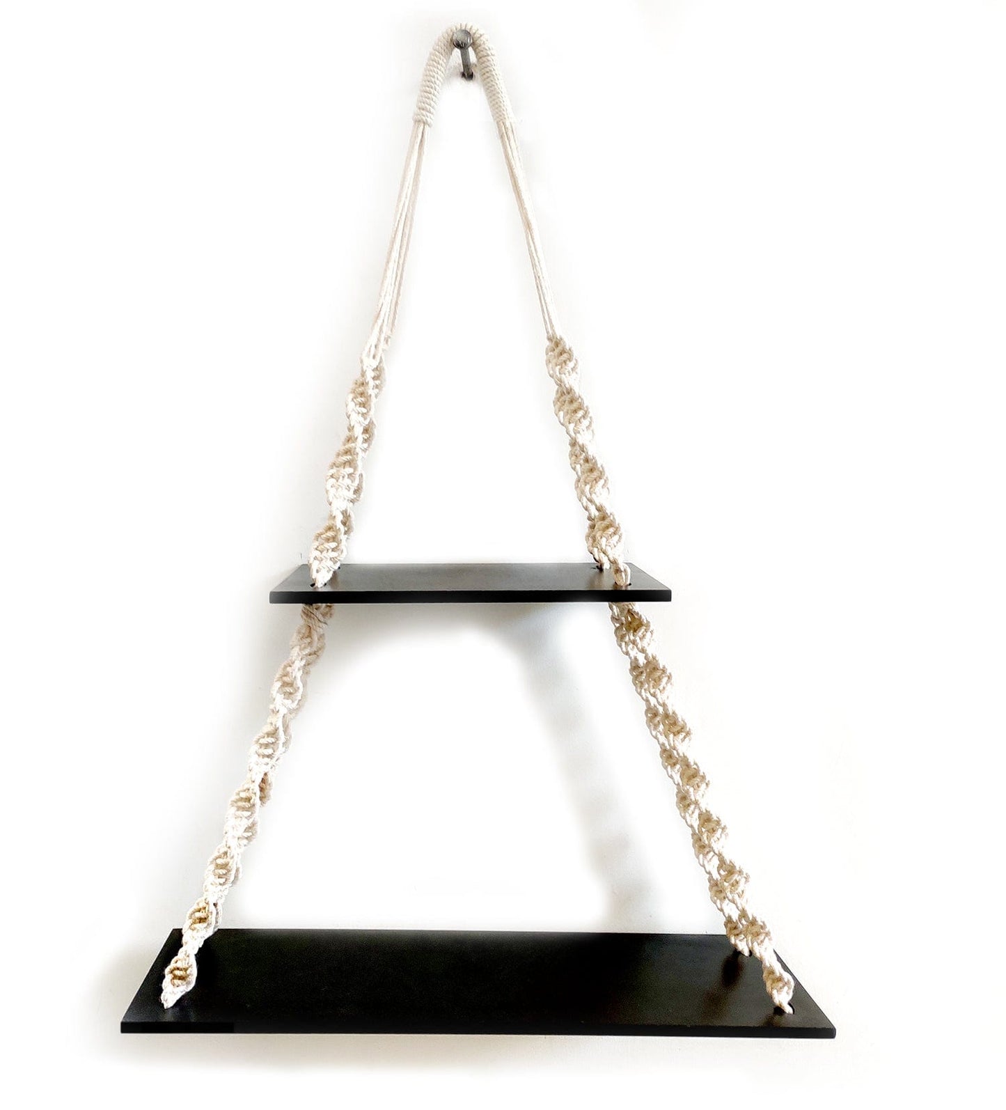 2 Tier Wooden Black Wall Hanging Shelves With Rope