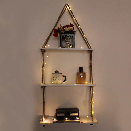 3-Tier White Wall Hanging Shelf and LED light with Jute Rope