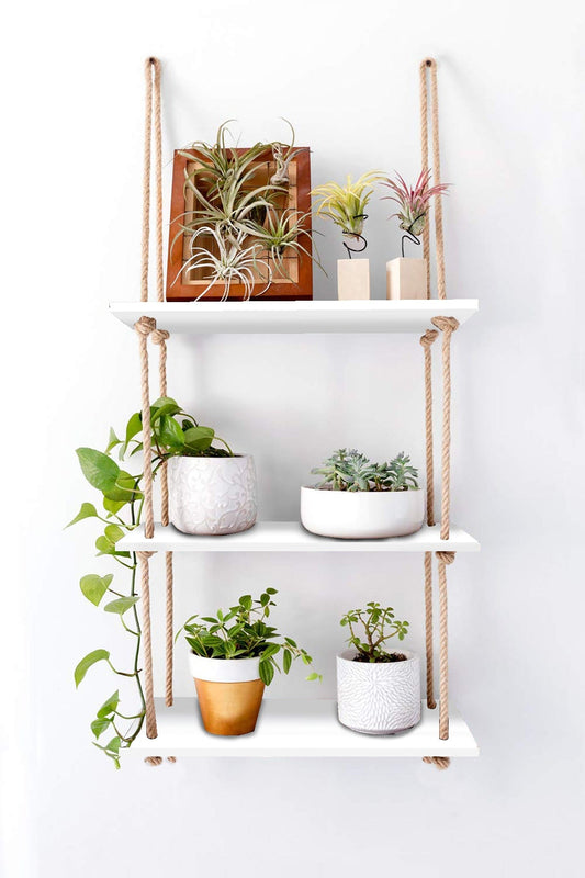 Tier-3 Rectangle Wall Hanging Shelves With Curved Rope