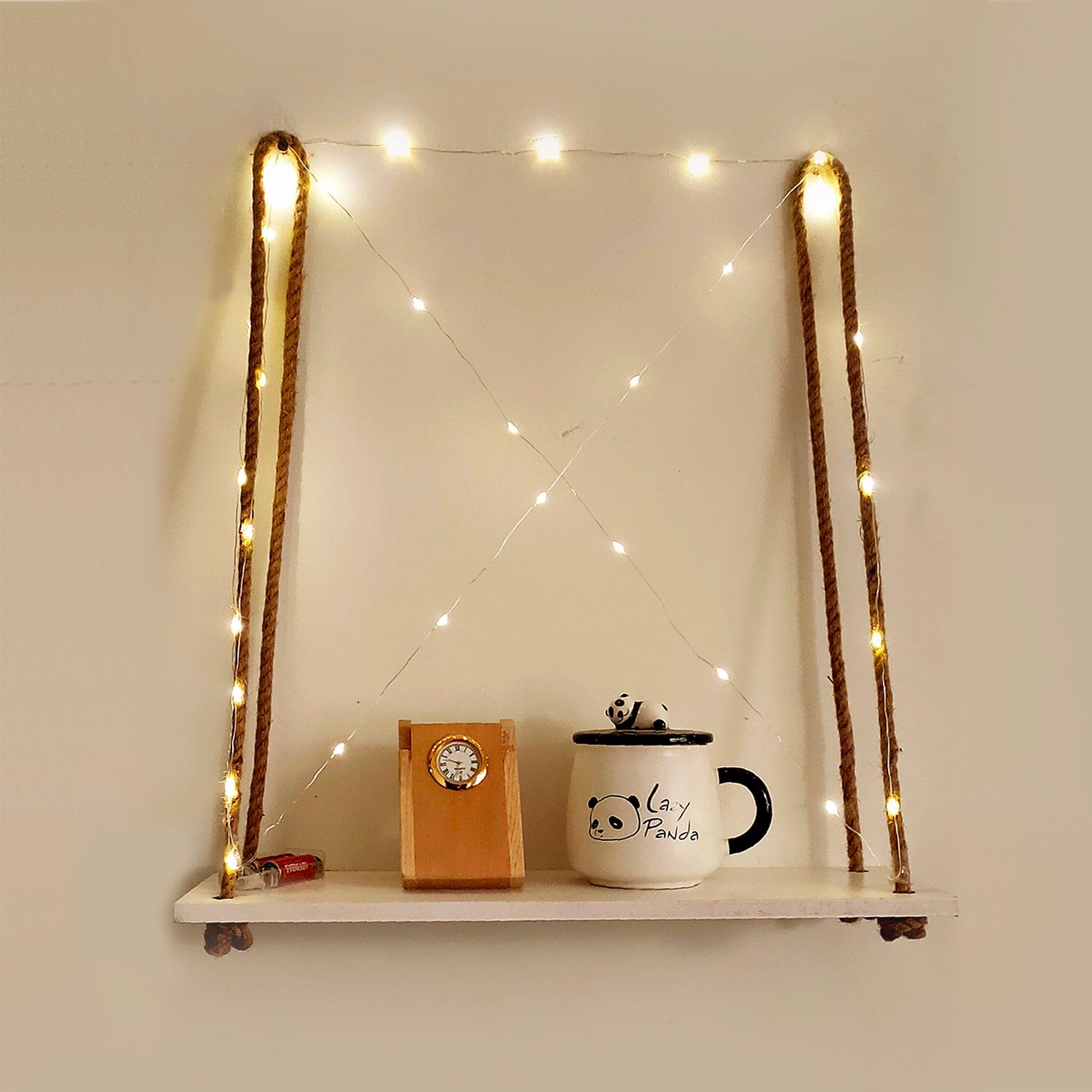 White Wall Hanging Shelf and LED Wood Floating Wall Shelves with Jute Rope