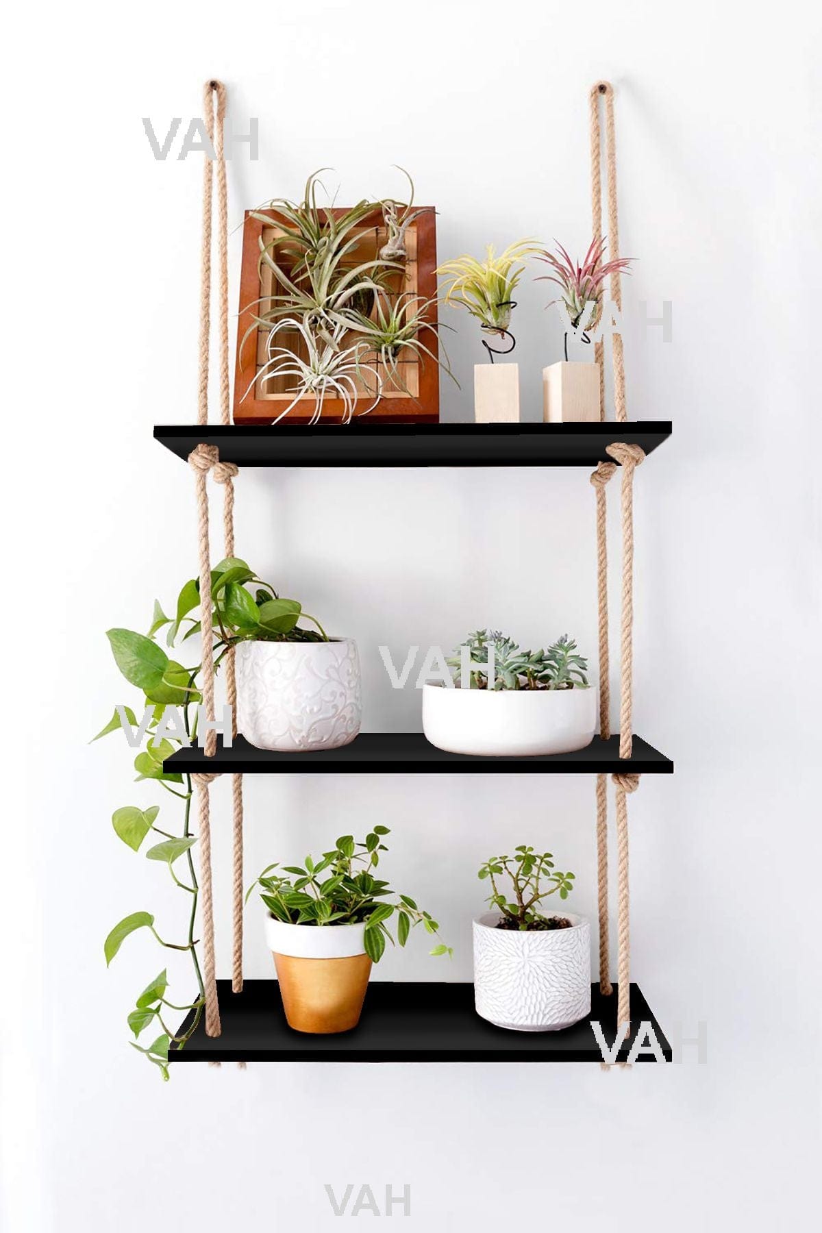 Tier-3 Rectangle Black Wall Hanging Shelves With Plain Rope