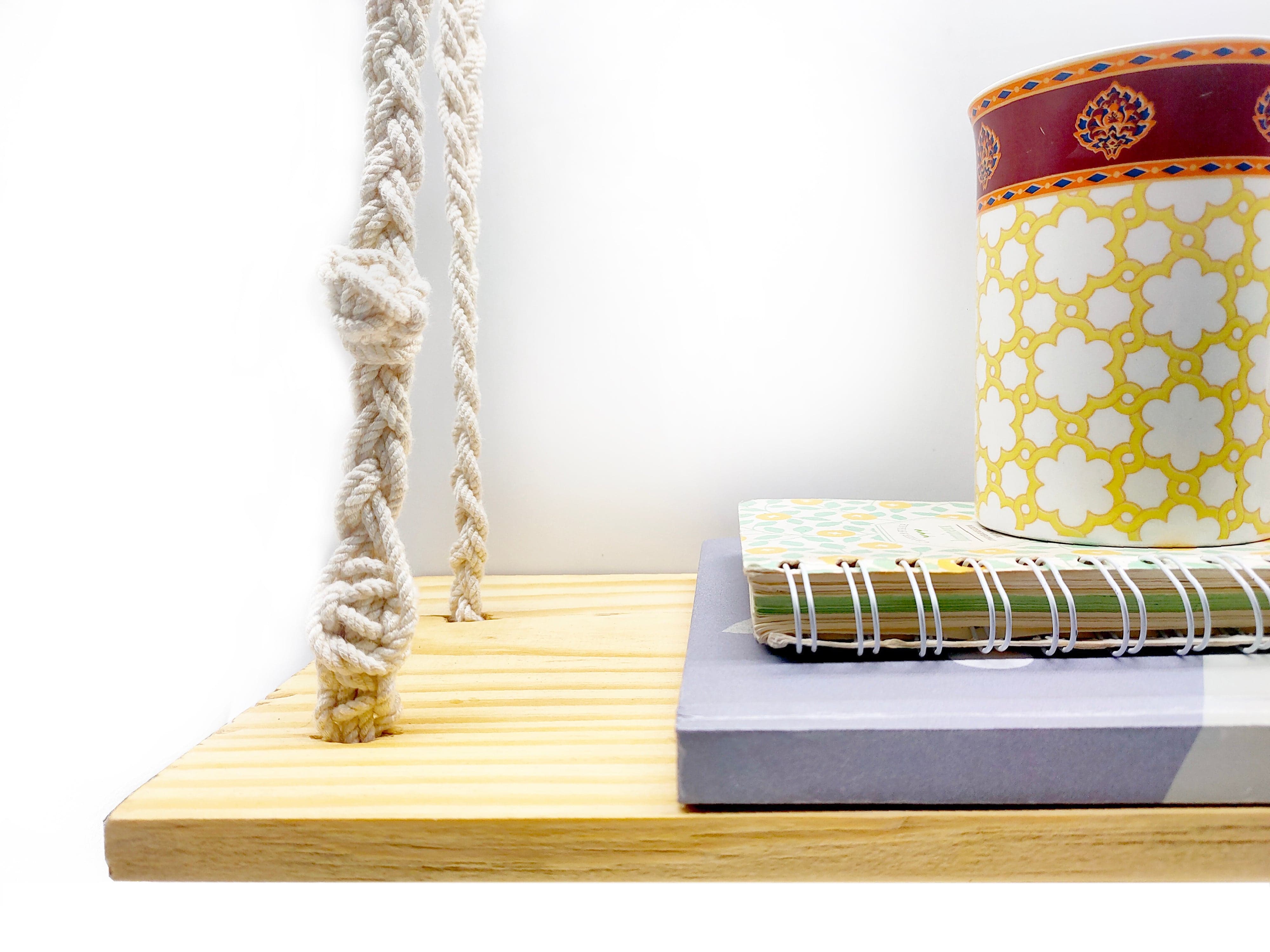 Handmade Wall Hanging Floating Shelf With Macrame, Beige And Cream