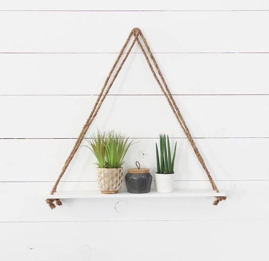 Wall Hanging Wood Floating Rustic Rope Plant Shelves (White)