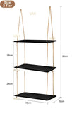 Tier-3 Rectangle Black Wall Hanging Shelves With Plain Rope
