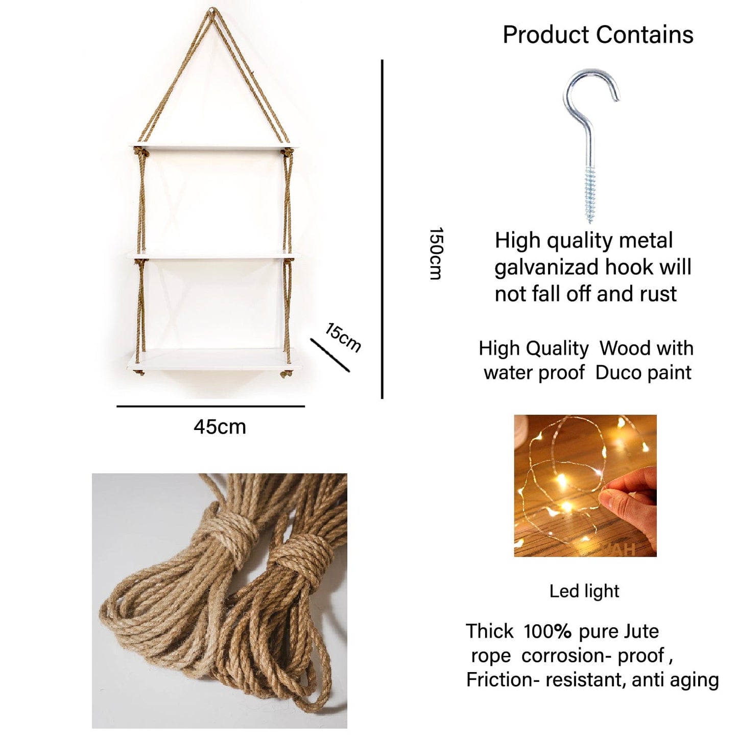 3-Tier White Wall Hanging Shelf and LED light with Jute Rope