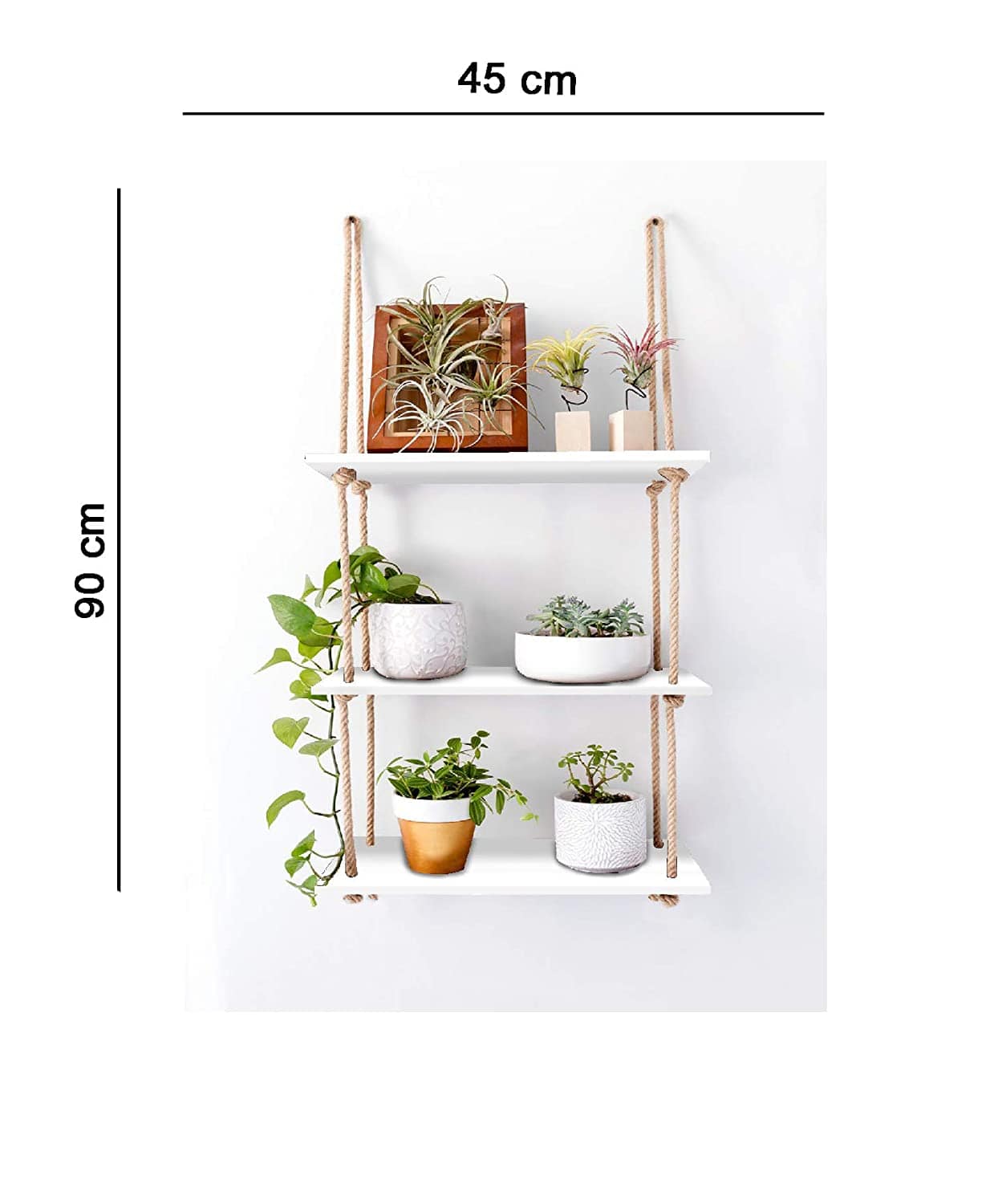 Tier-3 Rectangle Wall Hanging Shelves With Curved Rope