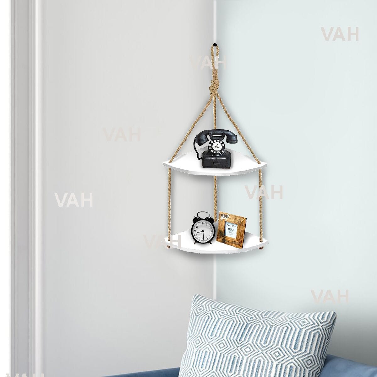 Bohemian Wood Circle White Wall Mounting Shelves With Rope