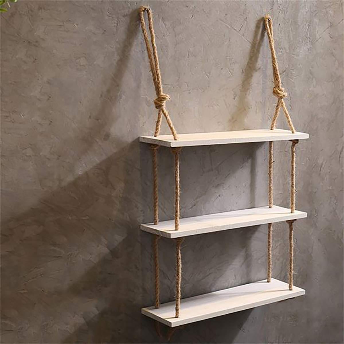 Tier-3 Rectangle Wall Hanging Shelves With Curved Rope