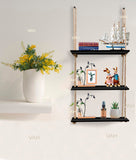 Tier-3 Rectangle Black Wall Hanging Shelves With Plain Rope