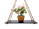 Tier-1 Wood Black Floating Shelves With Plain Rope, Set of 3