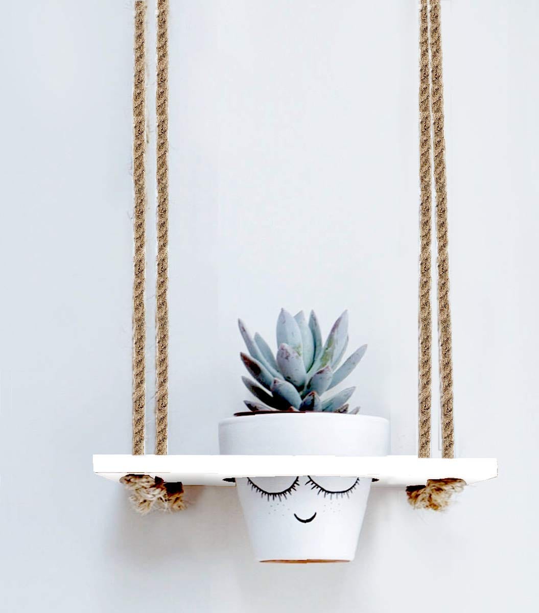 White Wooden Planter Shelf Hanger Rack with Rope For 1 Pot