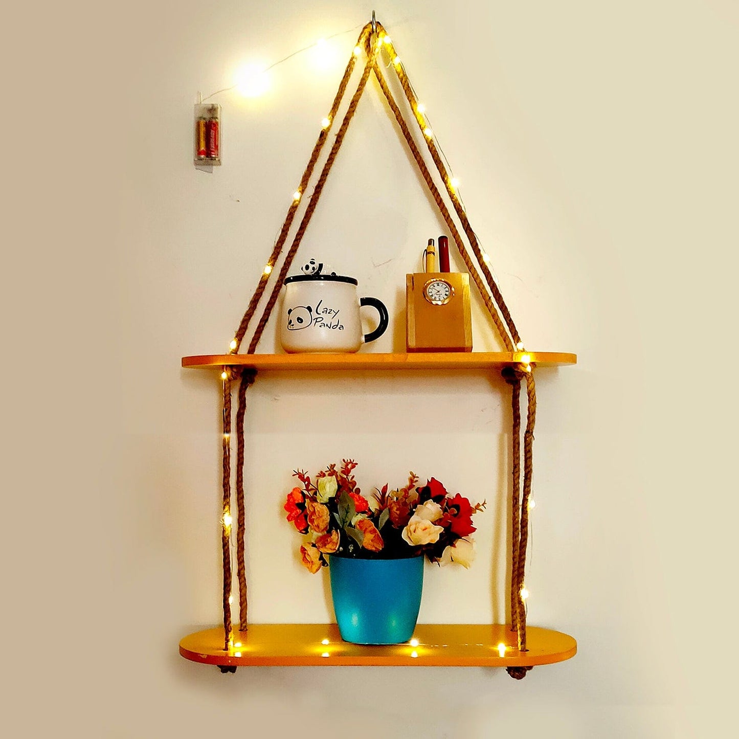 Wood Rectangle Oval Yellow Wall Hanging Wall Shelf With LED Light