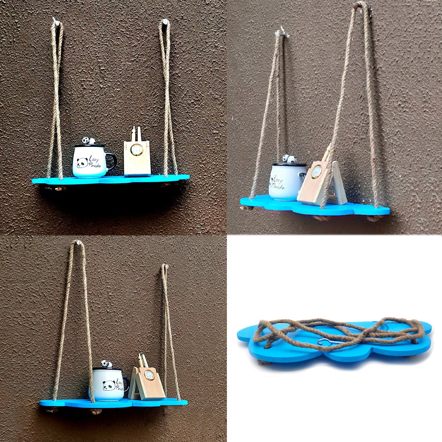 Blue Cloud Design Wall Shelf Wood Floating Shelves With Rope