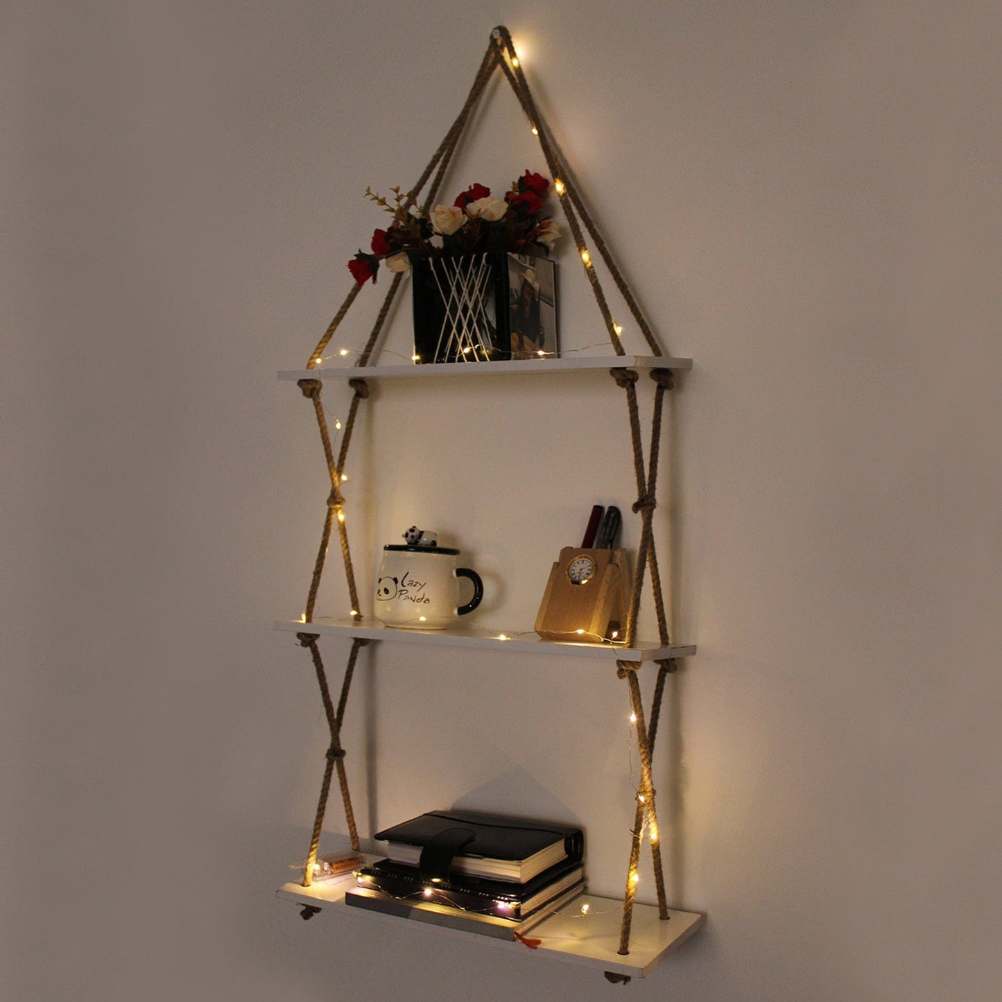 3-Tier White Wall Hanging Shelf and LED light with Jute Rope