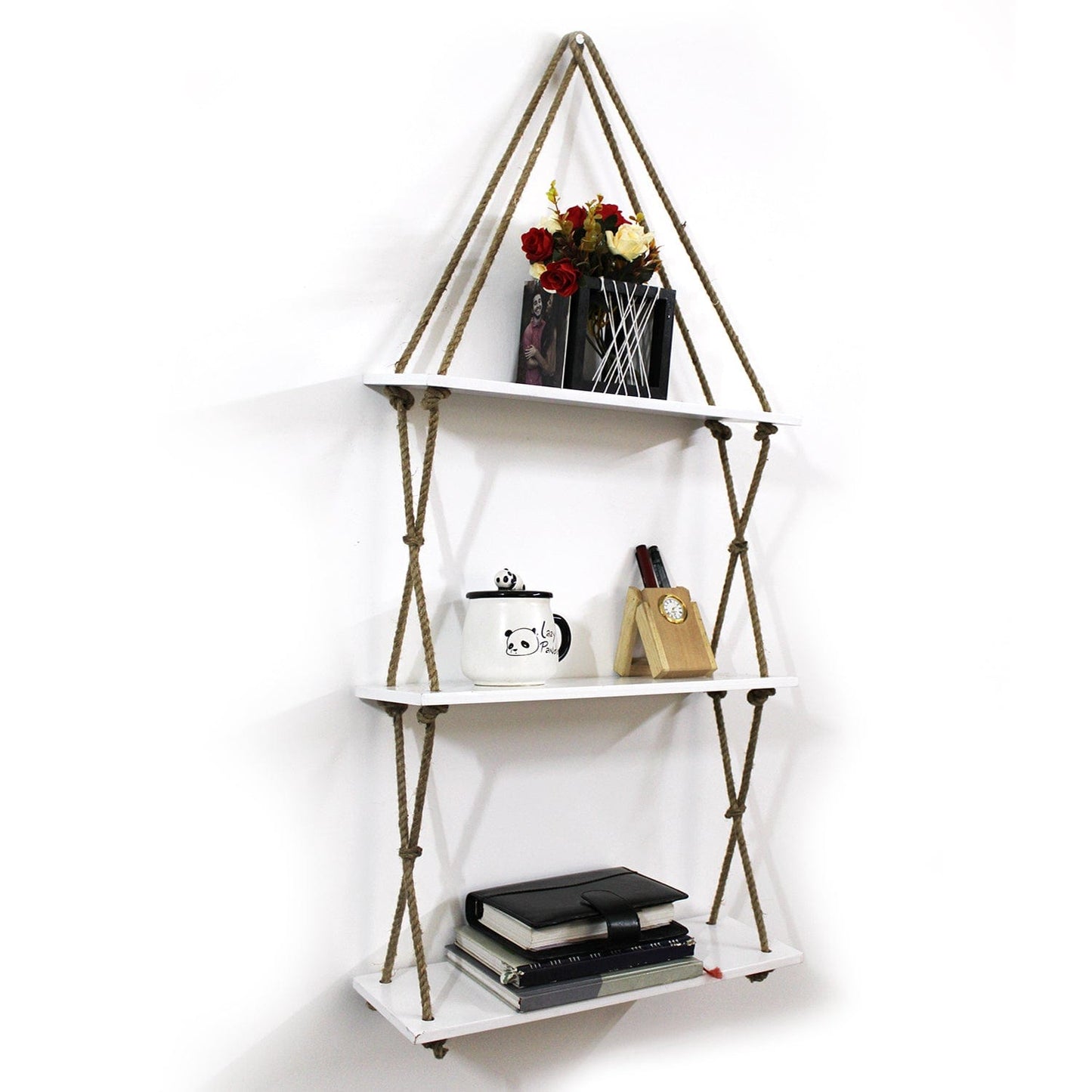 3-Tier Wall Hanging Shelf With Cross Jute Rope