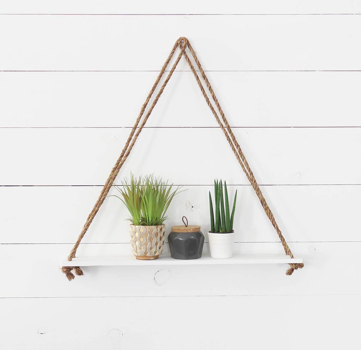Tier-1 Wood White Wall Hanging Shelves With Rope, Set of 3