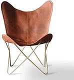 Orbit Art Gallery Handmade Leather Butterfly Chair with Powder Coated Folding Iron Golden Frame