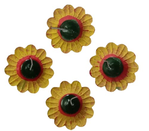 Om Craft Villa Handmade Sun Flower Shaped Clay Diyas (Wax Filled)