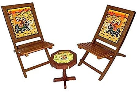 Naturals Export Multicolour Rajasthani Design Handmade Wooden Folding Chairs and Table Set