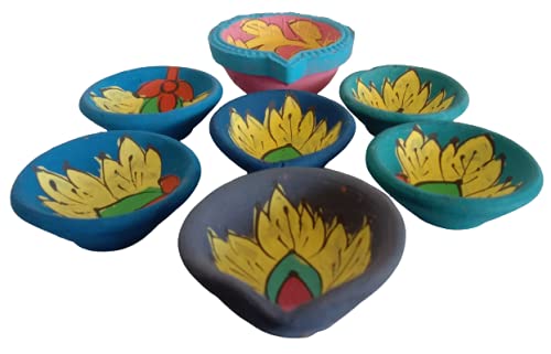 Om Craft Villa Colourful Clay Diyas With Cotton Wicks (Set Of 6 + 1 Gujarati Diya)