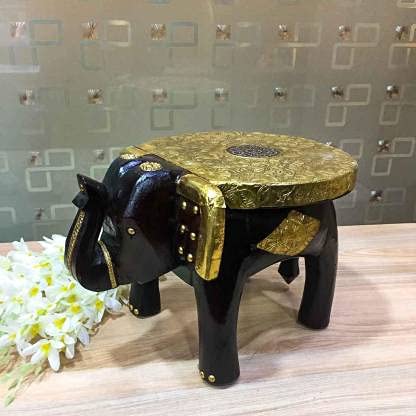 Orbit Art Gallery Elephant Shaped Black Handcrafted Wooden Stool Cum Side Table