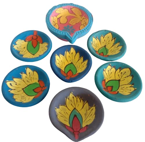 Om Craft Villa Colourful Clay Diyas With Cotton Wicks (Set Of 6 + 1 Gujarati Diya)