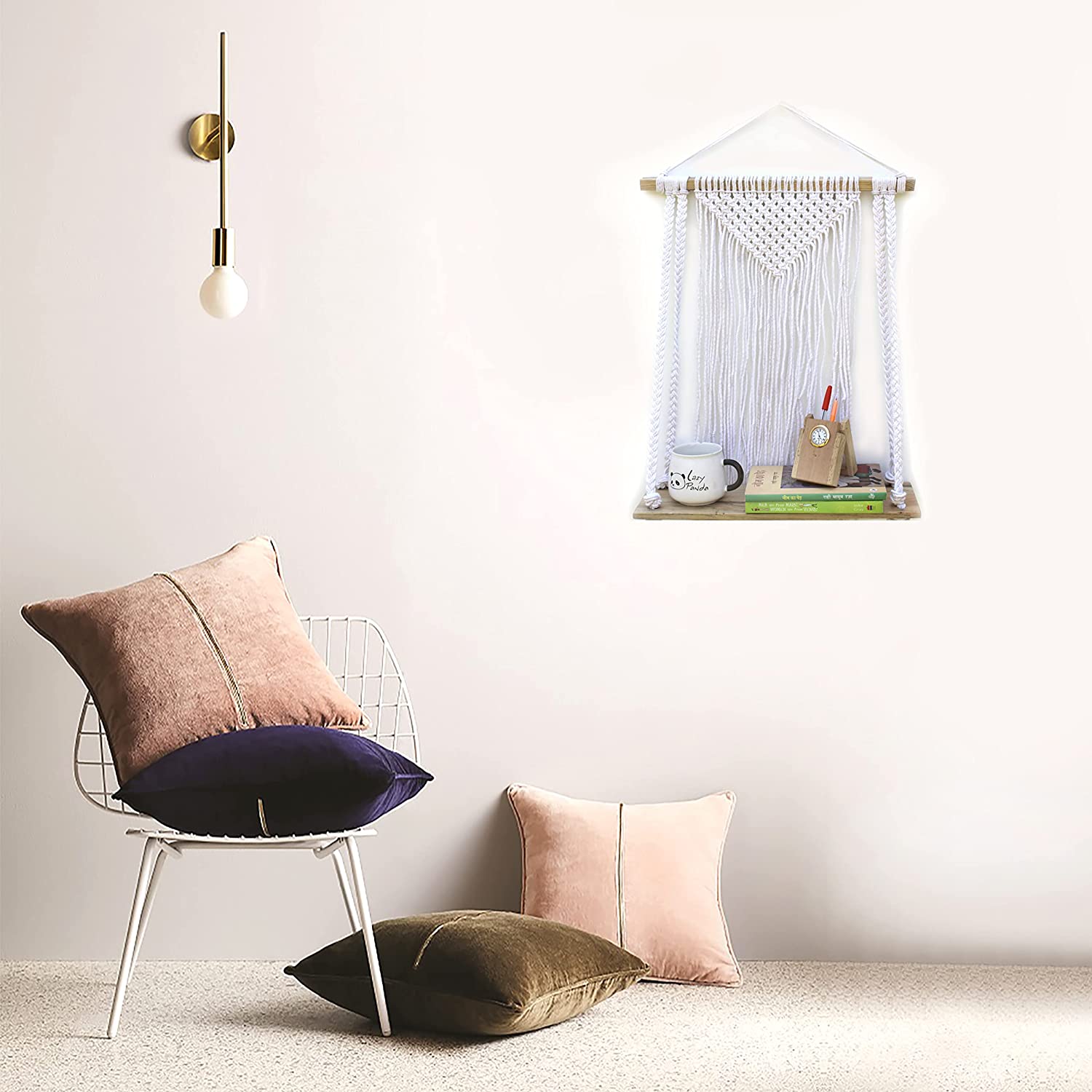 Tier-1 White Macrame Design with Jute Rope Floating Wall Shelf