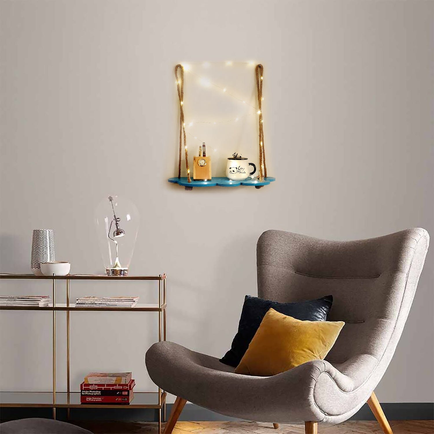 Wood Blue Cloud Design 1 Layer Wall Hanging Wall Self with LED Light