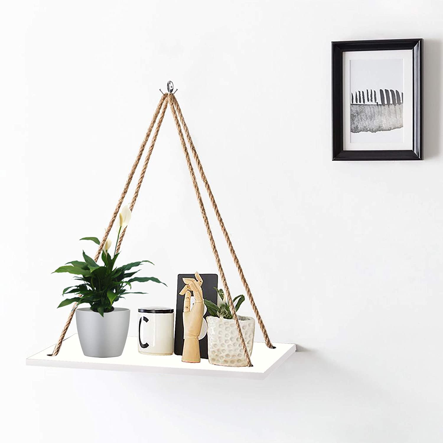 Tier-1 Wood White Wall Hanging Shelves With Rope, Set of 3
