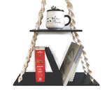 2 Tier Wooden Black Wall Hanging Shelves With Rope