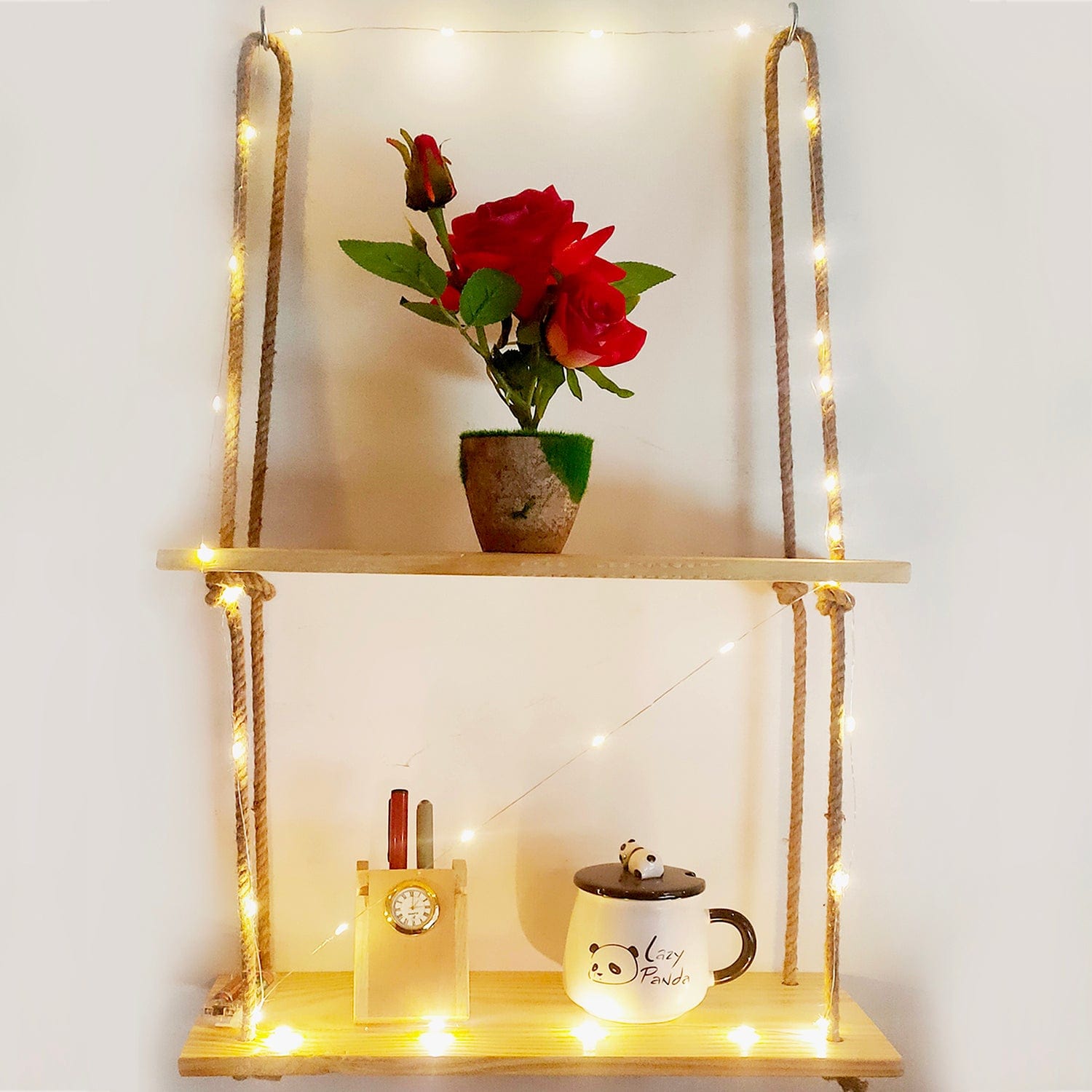 Tier-2 Wood Brown Wall Hanging Shelf With LED Light