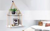 Wall Hanging Wood Floating Rustic Rope Plant Shelves (White)