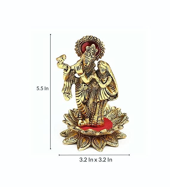 Naturals Export Aluminium Gold Plated Radha Krishna Idol Standing on Lotus