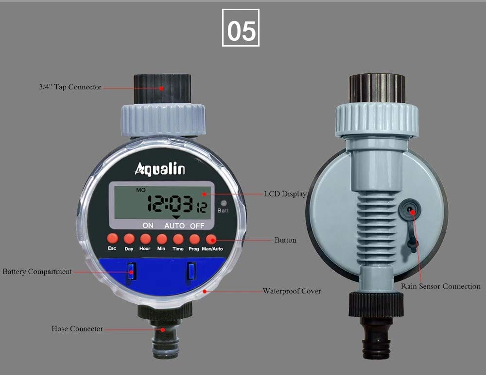 Aqualin Automatic Ball Valve Drip Irrigation Timer (LCD Display And Rain Sensor Port)