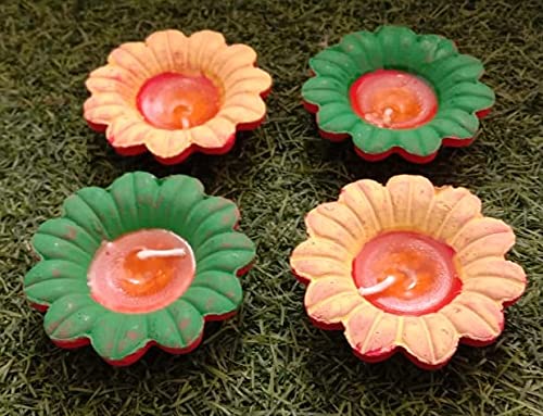 Om Craft Villa Sunflower-Shaped Handmade Terracotta Diyas (Set Of 4)
