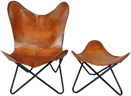 Orbit Art Gallery Brown Leather Folding Butterfly Chair with Stool (Powder Coated)