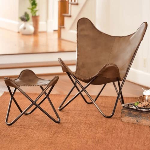 Orbit Art Gallery Handmade Leather Butterfly Folding Chair with Powder Coated (Rich Brown)