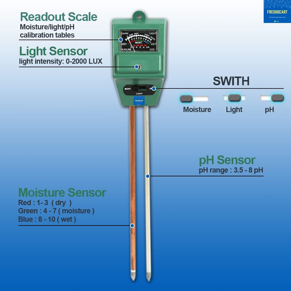 FreshDcart Solar Powered Plant Sensor - 3-in-1 Soil Moisture Level, pH Acidity Meter & Light Level