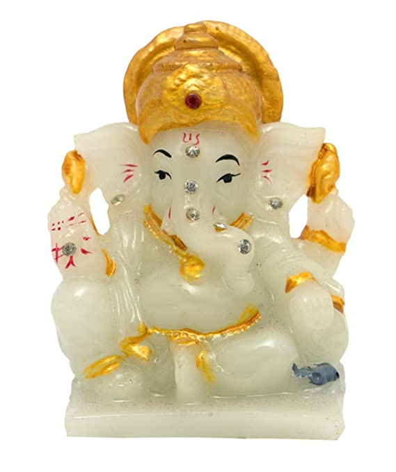 Naturals Export Resin Lord Ganesh Sitting Figurine for Car Dashboard (Cream Gold Color)