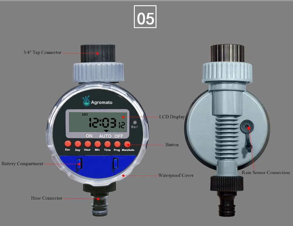 Aqualin Automatic Ball Valve Drip Irrigation Timer With LCD Display and Rain Sensor Port (Batteries Included)