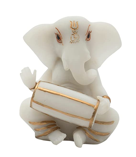 Orbit Art Gallery Marble Lord Ganesh Sitting with Dholak Statue (White)