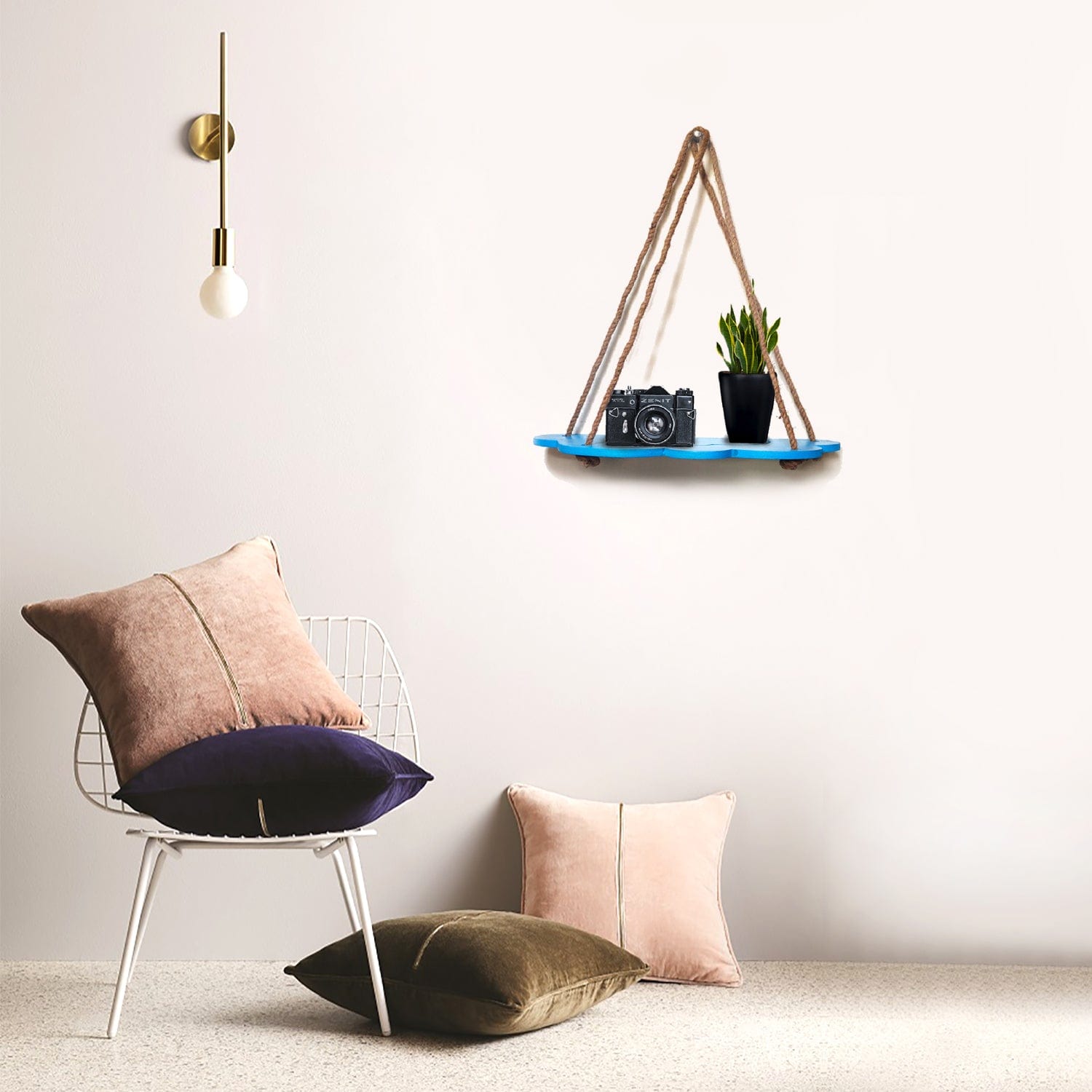 Blue Cloud Design Wall Shelf Wood Floating Shelves With Rope