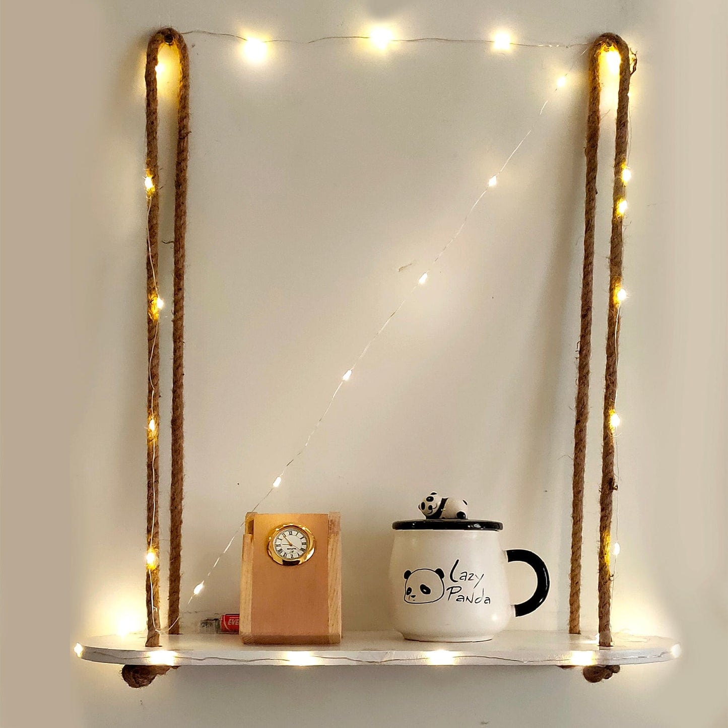 Wood Rectangle Oval White Wall Hanging Wall Shelf With LED Light