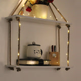 White Wall Hanging Shelf and LED Wood Floating Wall Shelves with Jute Rope