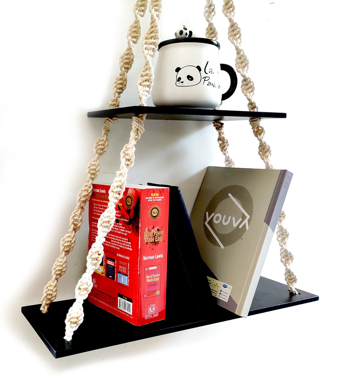 2 Tier Wooden Black Wall Hanging Shelves With Rope