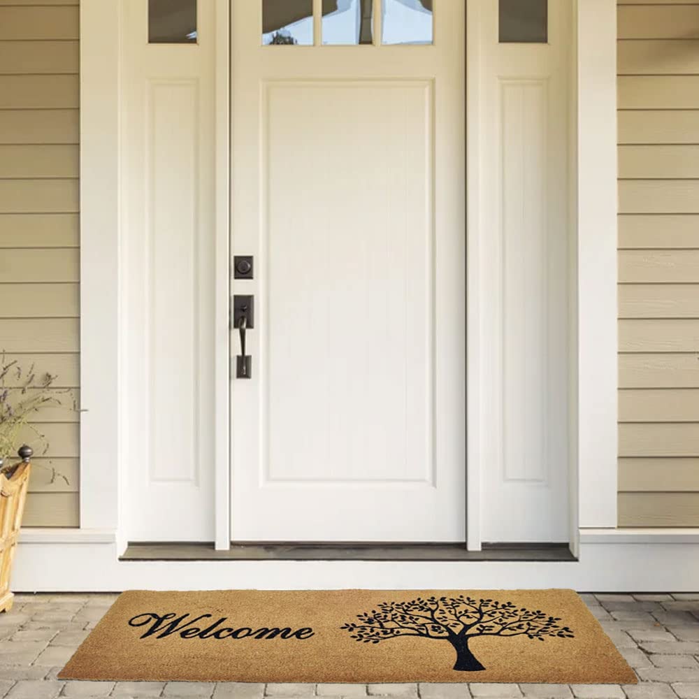 Mats Avenue Hand Printed Tree Theme Welcome Coir Doormat (40x120cm), Natural Brown