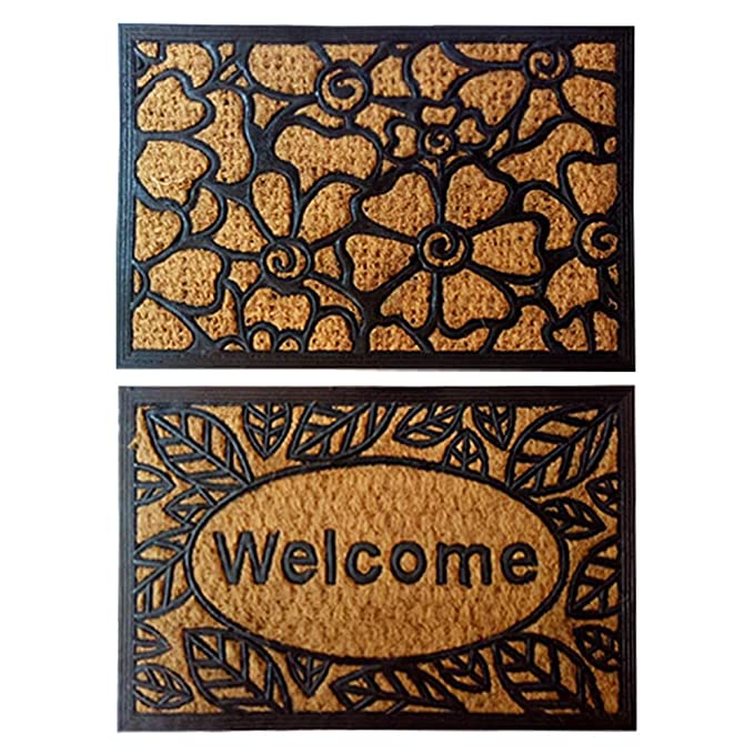 Mats Avenue Two Rubber Coir Welcome and Flower Design Doormats (24x16cm), Beige & Black