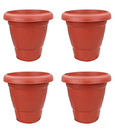 VGreen Plastic Planter Pots with Tray (Brown), Pack of 4